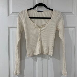 Brandy Melville Cream / White Metallic Henley Sweater Cardigan